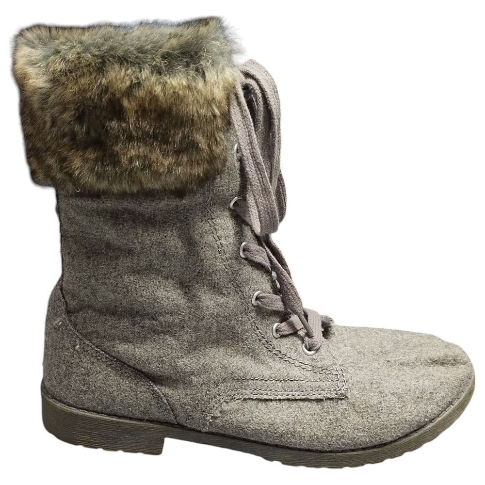 Roxy Mid Calf Winter Boots Womens Size 9 Gray Faux Fur Lined Round Toe Lace Up